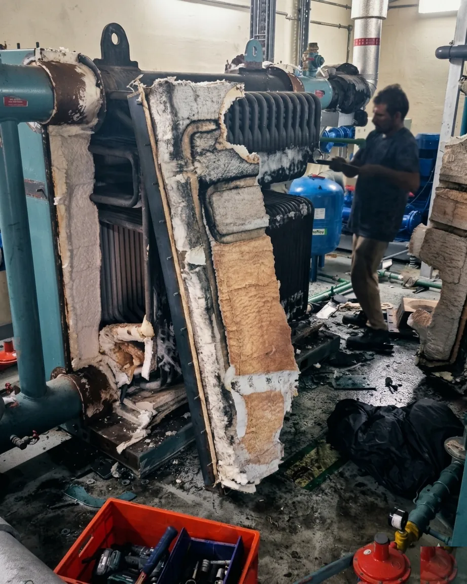 Technician servicing a commercial boiler during a plant room visit