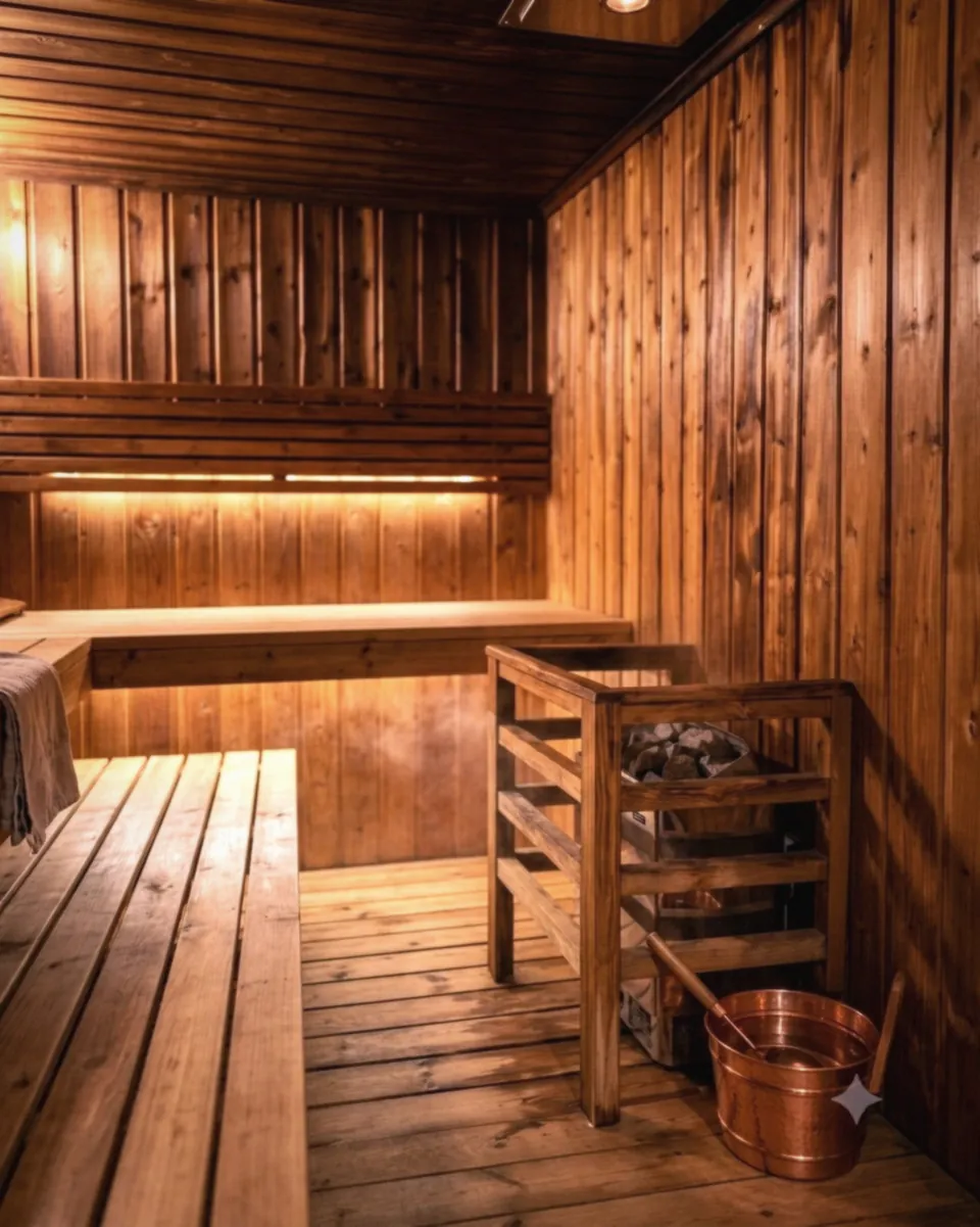 Cedar sauna interior with tiered benches, sauna heater, and copper bucket